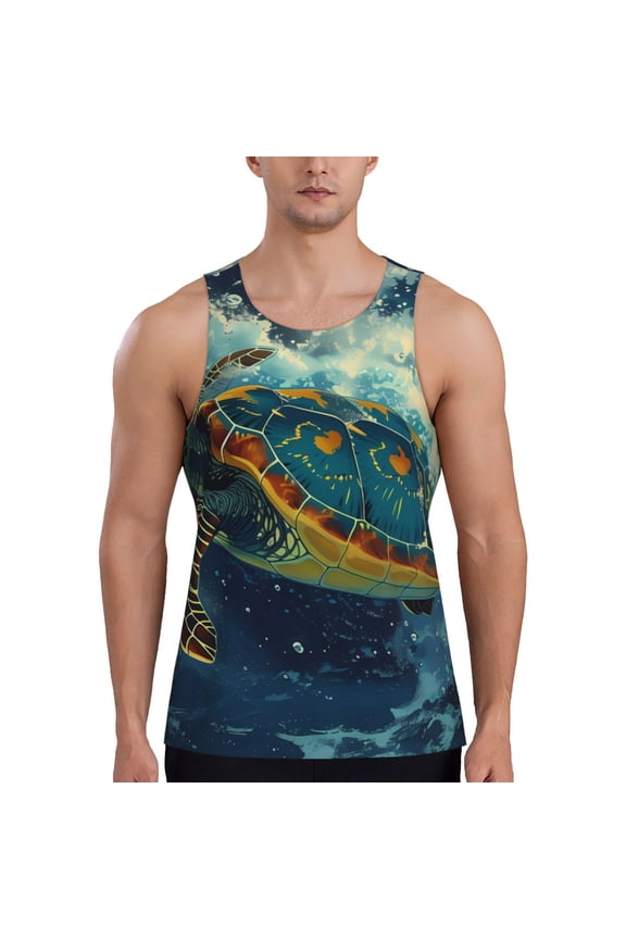 Surfing Turtle Print Men's Quick Dry Fitness Vest, Round Neck Sleeveless Fitness Bodybuilding Top-Medium