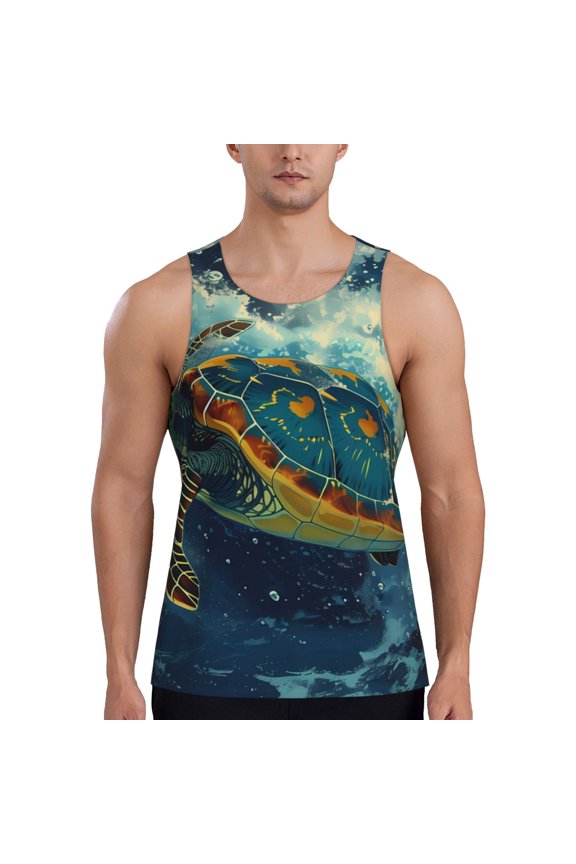 Surfing Turtle Print Men's Quick Dry Fitness Vest, Round Neck Sleeveless Fitness Bodybuilding Top-Small