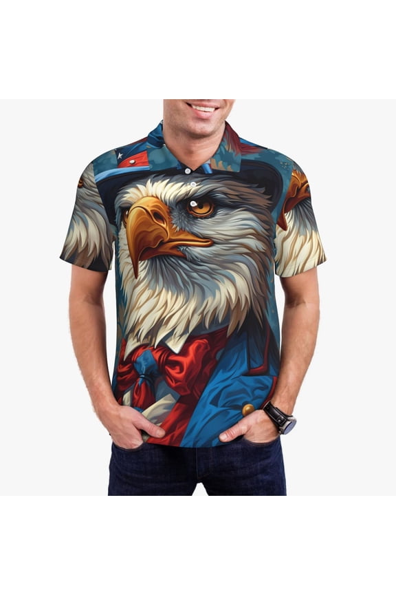Surreal Bald Eagle Gentleman Print Men's Quick-drying POLO Shirt, Button-down Summer T-shirt, Suitable for Work and Outdoor Activities-Large