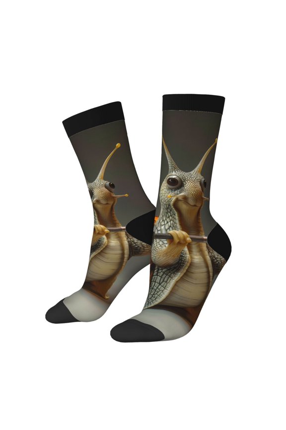 Surreal Weightlifting Snail Print Contrast Color Mid-calf Socks, Sweat-wicking Athletic Socks, Unisex Clothing Accessories