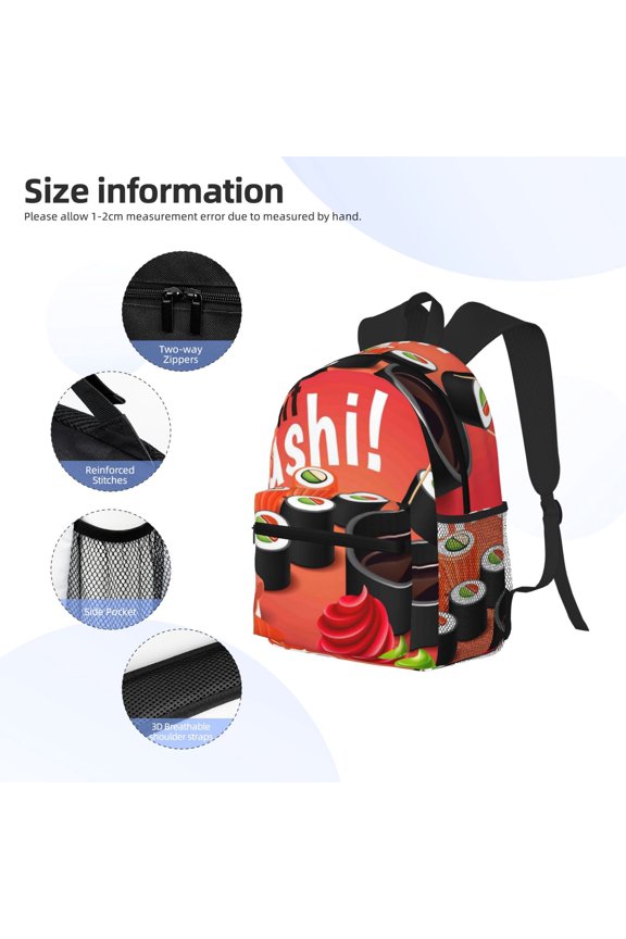Sushi Print Backpack, Waterproof Backpack with Adjustable Shoulder Straps, Suitable for Campus, Business, Travel, Unisex
