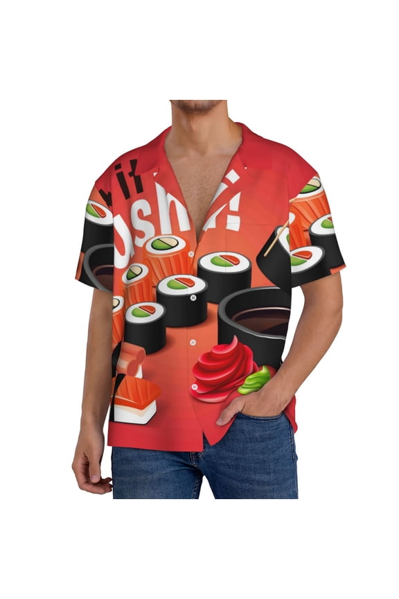 Sushi Print Men's Short-sleeved Shirts, Button-down Pocket Shirts, T-shirts, Beach Vacation Travel Summer Clothing-Medium