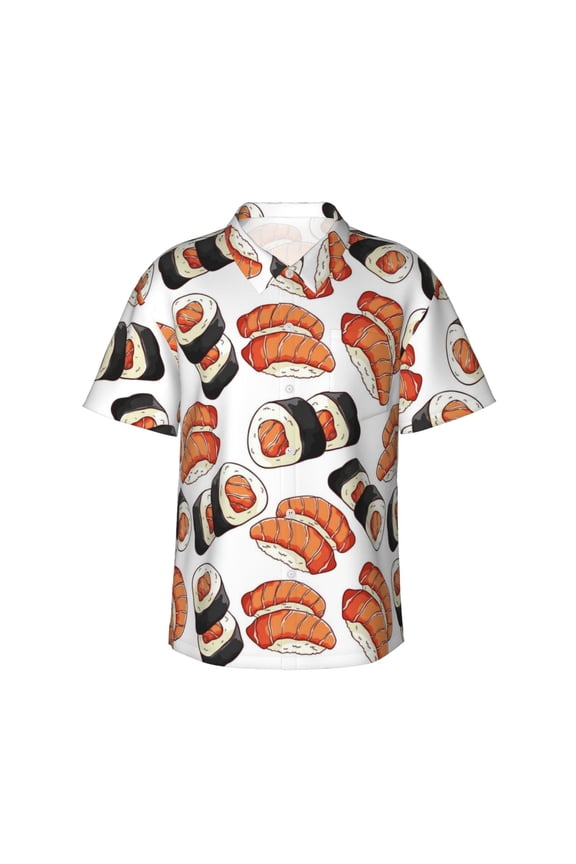 Sushi Roll Print Men's Short-sleeved Shirts, Button-down Lapel Hawaiian Shirts, T-shirts, Beach Vacation Summer Casual Wear,Medium