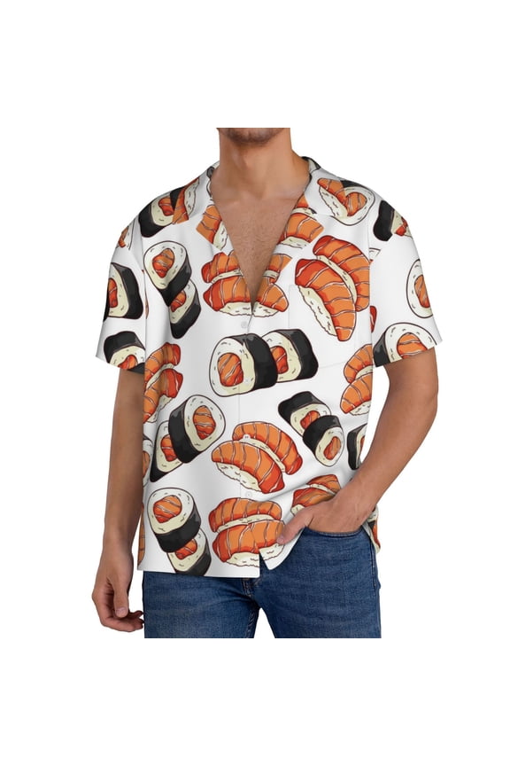 Sushi Roll Print Men's Short-sleeved Shirts, Button-down Pocket Shirts, T-shirts, Beach Vacation Travel Summer Clothing-XX-Large