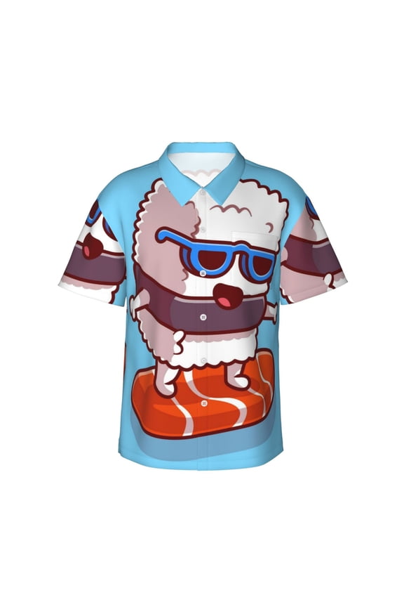 Sushi Salmon Surfing Print Men's Short-sleeved Shirts, Button-down Lapel Hawaiian Shirts, T-shirts, Beach Vacation Summer Casual Wear,Large