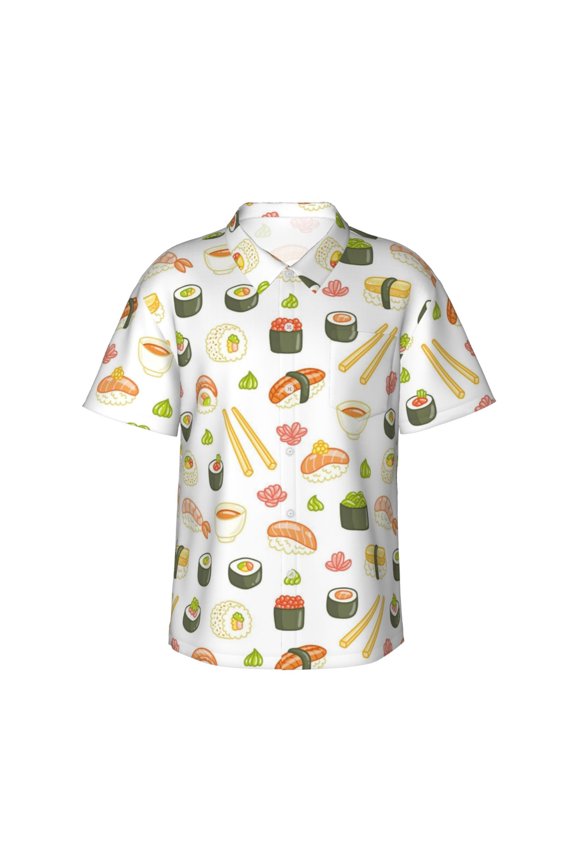 Sushi and Rolls Print Men's Short-sleeved Shirts, Button-down Lapel Hawaiian Shirts, T-shirts, Beach Vacation Summer Casual Wear,Small