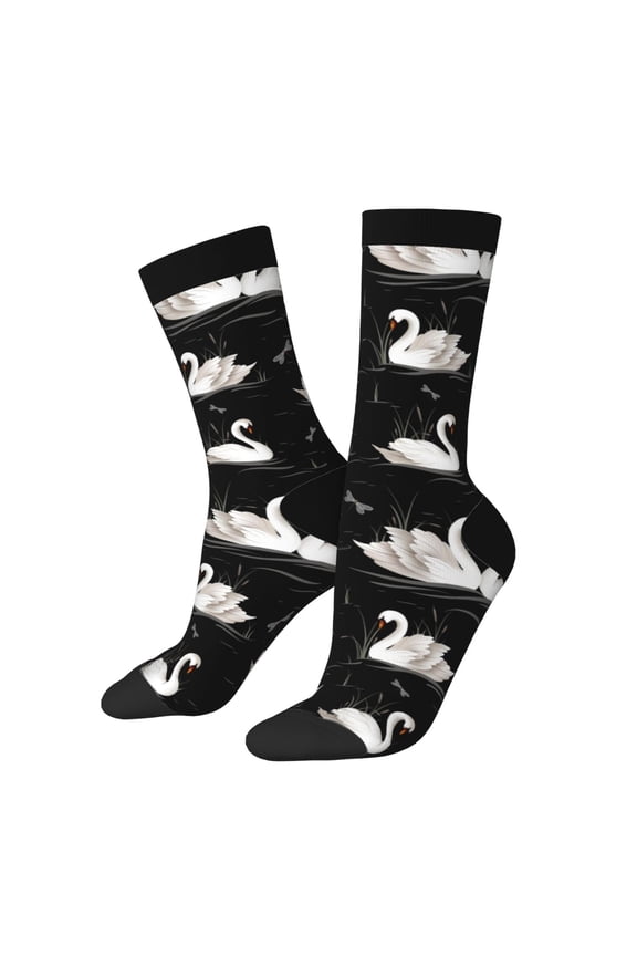 Swan And Dragonflies Print Contrast Color Mid-calf Socks, Sweat-wicking Athletic Socks, Unisex Clothing Accessories