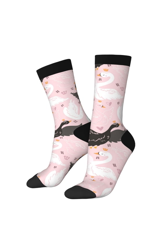 Swan And Flowers2 Print Contrast Color Mid-calf Socks, Sweat-wicking Athletic Socks, Unisex Clothing Accessories