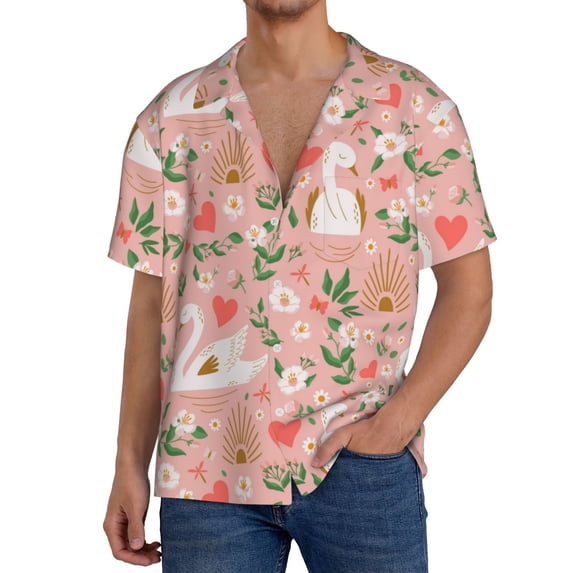 Gukieu Swan And Flowers3 Print Men's Short-sleeved Shirts, Button-down Pocket Shirts, T-shirts, Beach Vacation Travel Summer Clothing-Medium