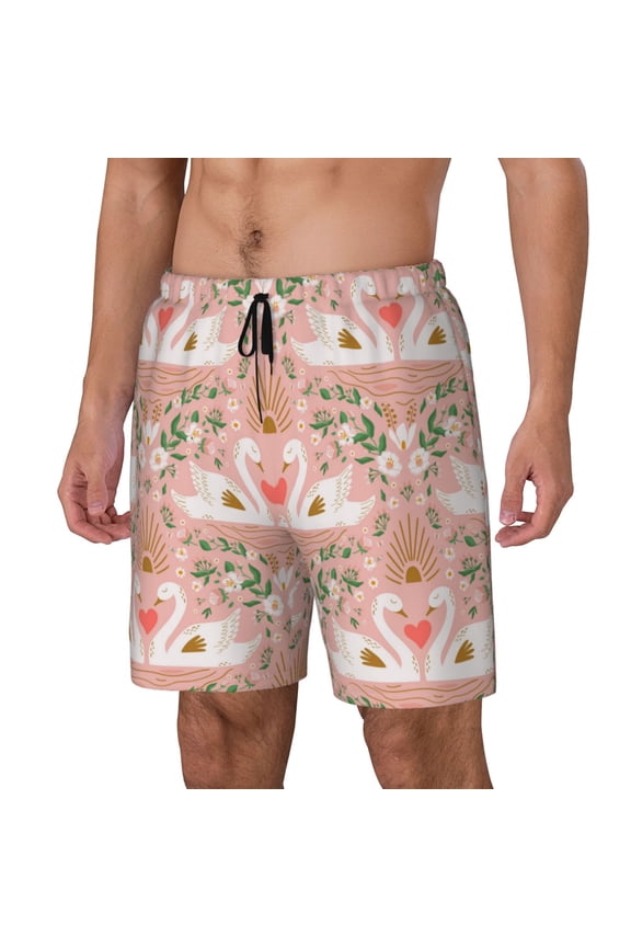 Swan Couple Print Men's Double Layer Sports Swim Trunks, Quick Dry Adjustable Waist Swim Shorts Swimwear-Small