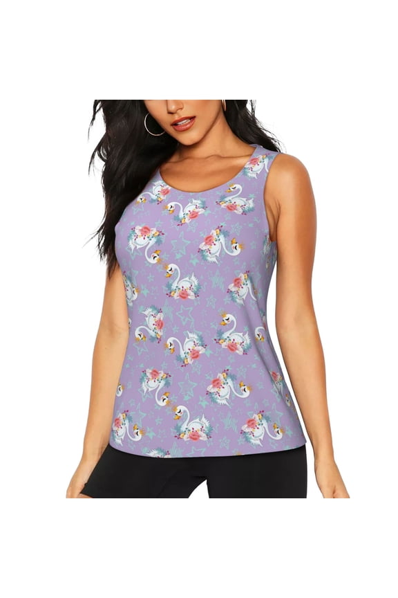 Swan With Stars Print Women's Quick-drying Fitness Vest, Round Neck Sleeveless Fitness T-shirt, Suitable for Yoga, Sports-Medium
