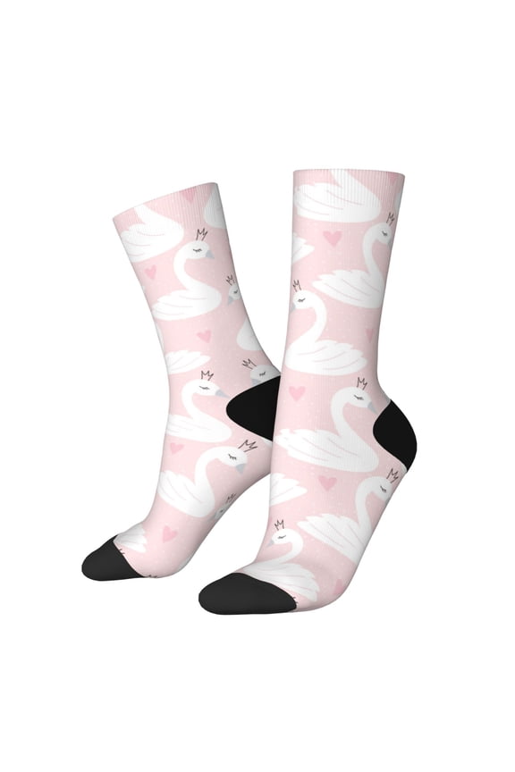 Swan1 Print Contrast Color Mid-calf Socks, Sweat-wicking Athletic Socks, Unisex Clothing Accessories