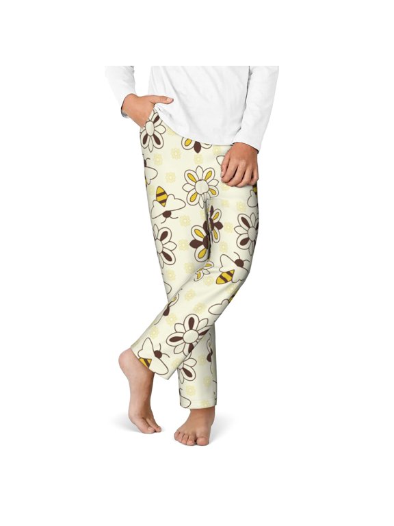 Sweet Bee Print Youth Home Trousers, Elastic Waistband with Pockets for Home and Outing, Suitable for Children Aged 5-16-XS(5-6)
