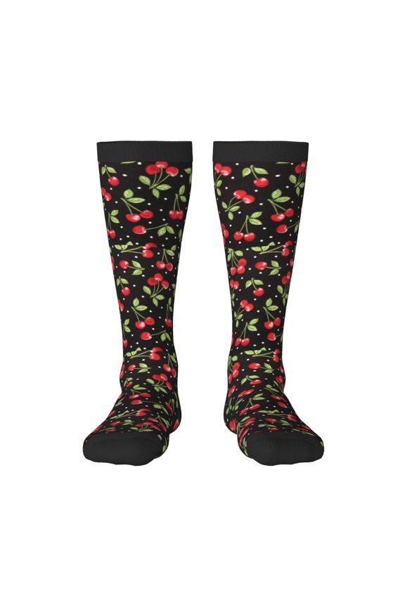 Sweet Red Cherry Print Contrast Color Stockings, Elastic Sports Socks Warm Socks Clothing Accessories, Adult Unisex