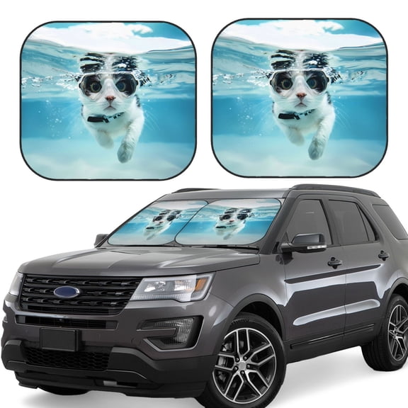 Gukieu Swimming Cat Goggles Print Car Windshield Sun Visor, Foldable Anti-UV Car Sun Visor Suitable for Vans, Trucks Car Accessories-Small