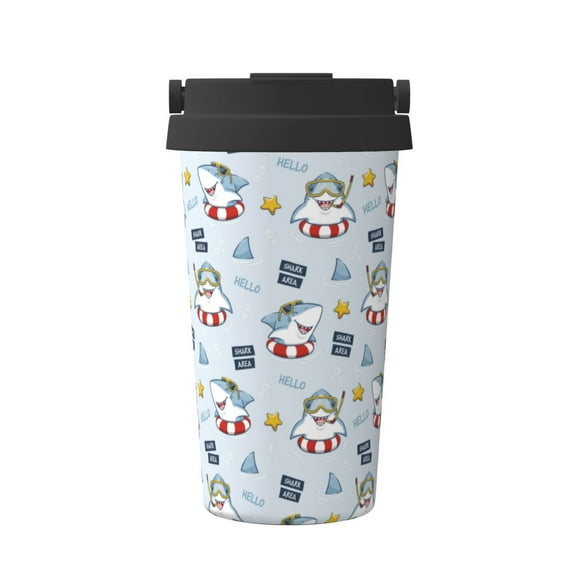 Gukieu Swimming Shark Print Insulated Coffee Cup, Portable Stainless Steel Vacuum Cup with Lid, Unisex, Suitable for Office, Cafe, Car