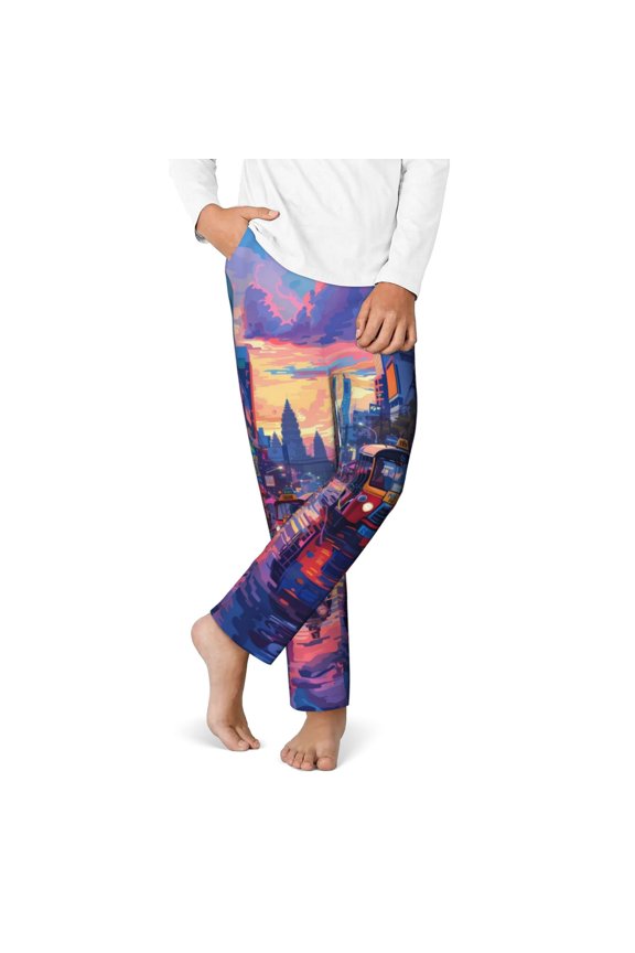 Taxi Colorful Town Print Youth Home Trousers, Elastic Waistband with Pockets for Home and Outing, Suitable for Children Aged 5-16-XS(5-6)