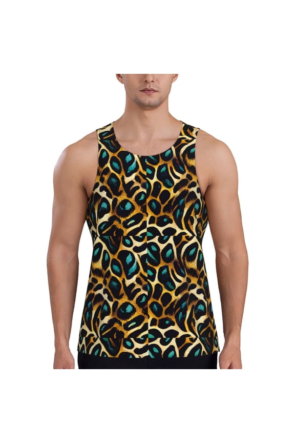 Teal Leopard Print Men's Quick Dry Fitness Vest, Round Neck Sleeveless Fitness Bodybuilding Top-Medium