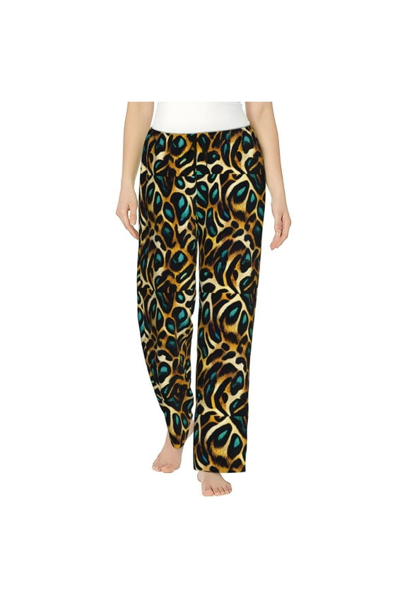 Teal Leopard Print Women's Home Trousers, with Pockets and Drawstring Pajamas, Home Pajamas, Sleepwear-Medium