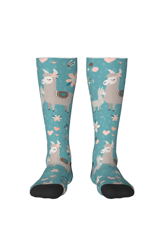 Teal Mama Llama Print Contrast Color Stockings, Elastic Sports Socks Warm Socks Clothing Accessories, Adult Unisex