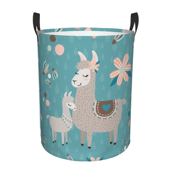 Gukieu Teal Mama Llama Print Round Dirty Clothes Bag, Waterproof Standing Home Bathroom Storage Basket Car Trunk Storage Bag-Small