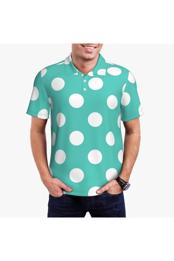 Teal Turquoise And White Polka Dot Print Men's Quick-drying POLO Shirt, Button-down Summer T-shirt, Suitable for Work and Outdoor Activities-Medium
