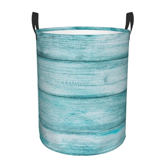 Gukieu Teal Turquoise Wood Print Round Dirty Clothes Bag, Waterproof Standing Home Bathroom Storage Basket Car Trunk Storage Bag-Small