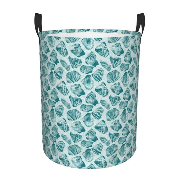 Gukieu Teal turquoise shell Print Round Dirty Clothes Bag, Waterproof Standing Home Bathroom Storage Basket Car Trunk Storage Bag-Medium