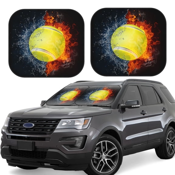 Gukieu Tennis Ball In Fire And Water Print Car Windshield Sun Visor, Foldable Anti-UV Car Sun Visor Suitable for Vans, Trucks Car Accessories-Small