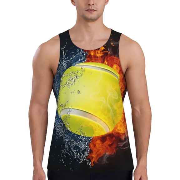 Gukieu Tennis Ball In Fire And Water Print Men's Quick Dry Fitness Vest, Round Neck Sleeveless Fitness Bodybuilding Top-XX-Large