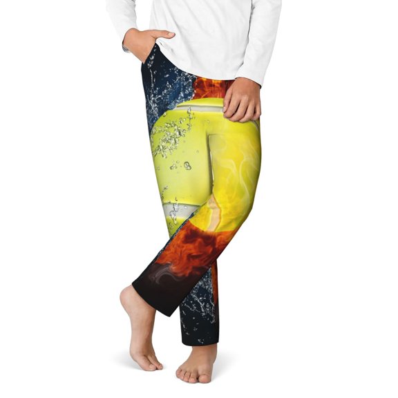 Gukieu Tennis Ball In Fire And Water Print Youth Home Trousers, Elastic Waistband with Pockets for Home and Outing, Suitable for Children Aged 5-16-Small