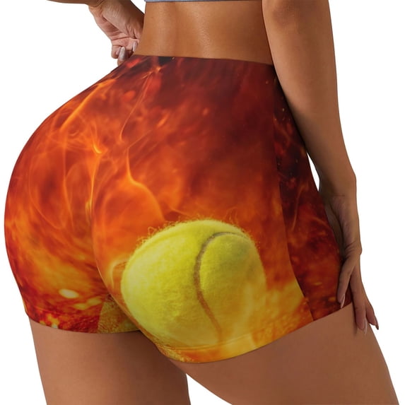 Gukieu Tennis Ball In Fire Print Women's Sports Shorts, Elastic Waist High Stretch Running Yoga Gym Sweatpants-XX-Large