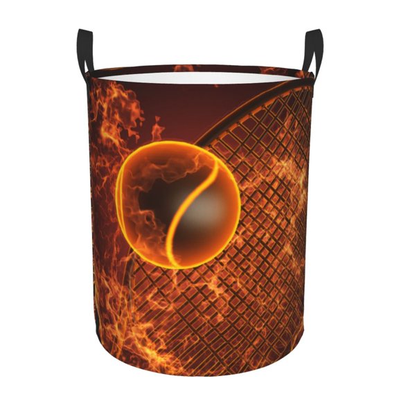 Gukieu Tennis Racket In Fire Print Round Dirty Clothes Bag, Waterproof Standing Home Bathroom Storage Basket Car Trunk Storage Bag-Medium