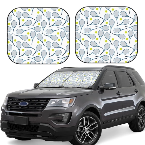 Gukieu Tennis Rackets And Balls Print Car Windshield Sun Visor, Foldable Anti-UV Car Sun Visor Suitable for Vans, Trucks Car Accessories-Large