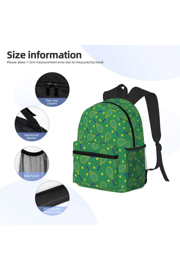 Tennis Rockets And Balls Print Backpack, Waterproof Backpack with Adjustable Shoulder Straps, Suitable for Campus, Business, Travel, Unisex
