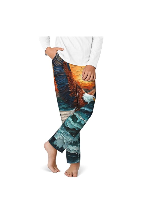 Textured Bald Eagle Print Youth Home Trousers, Elastic Waistband with Pockets for Home and Outing, Suitable for Children Aged 5-16-Large