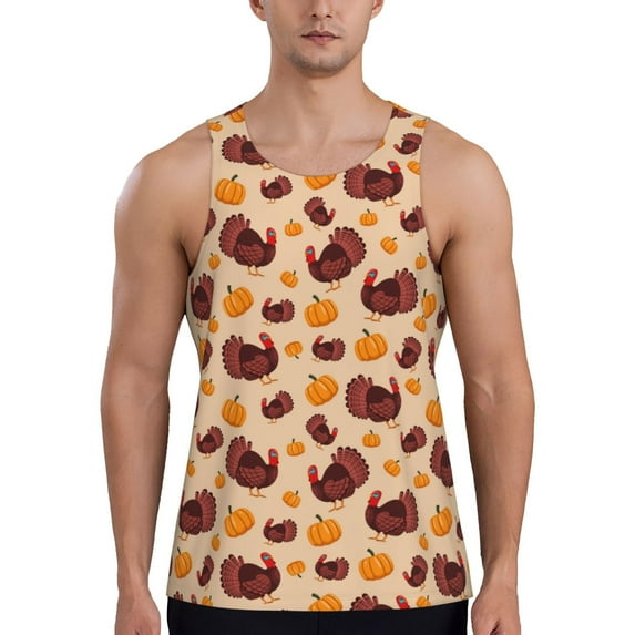 Gukieu Thanksgiving Turkey and Pumpkin Print Men's Quick Dry Fitness Vest, Round Neck Sleeveless Fitness Bodybuilding Top-3X-Large