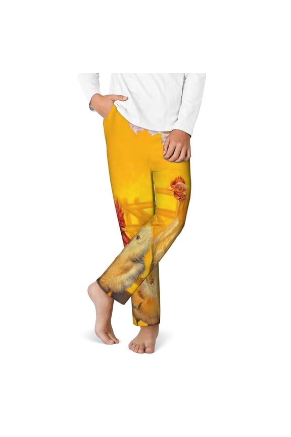 The Chicken Family Print Youth Home Trousers, Elastic Waistband with Pockets for Home and Outing, Suitable for Children Aged 5-16-XS(5-6)