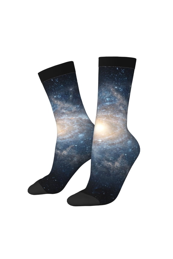 The Galaxy Print Contrast Color Mid-calf Socks, Sweat-wicking Athletic Socks, Unisex Clothing Accessories
