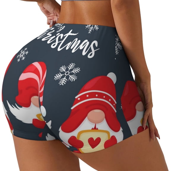 Gukieu Three Cute Christmas Gnomes Print Women's Sports Shorts, Elastic Waist High Stretch Running Yoga Gym Sweatpants-Large