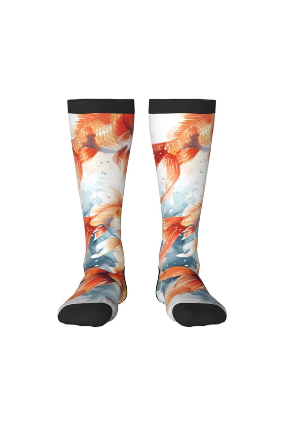 Three Goldfish Watercolor Splash Print Contrast Color Stockings, Elastic Sports Socks Warm Socks Clothing Accessories, Adult Unisex