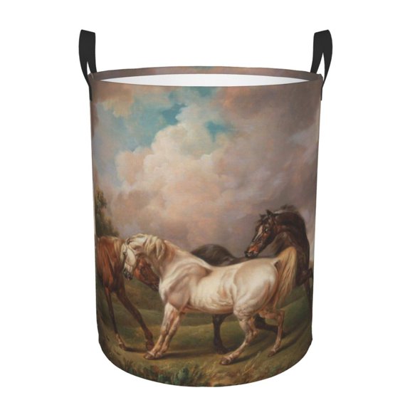 Gukieu Three Horses Oil Painting Print Round Dirty Clothes Bag, Waterproof Standing Home Bathroom Storage Basket Car Trunk Storage Bag-Small