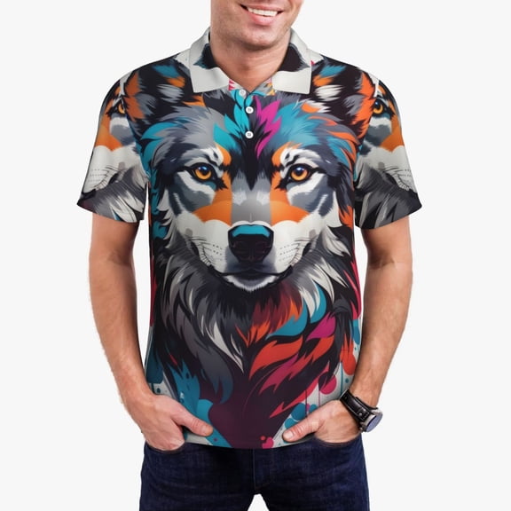 Gukieu Tie-Dye Wolf Head Print Men's Quick-drying POLO Shirt, Button-down Summer T-shirt, Suitable for Work and Outdoor Activities-Large