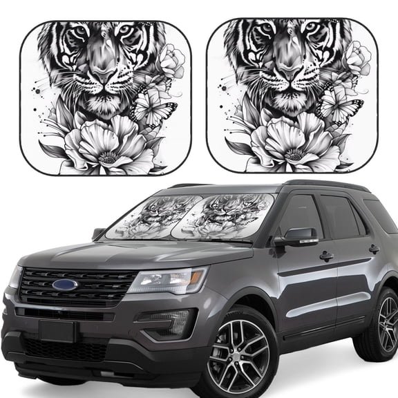 Gukieu Tiger Butterfly Floral Art Print Car Windshield Sun Visor, Foldable Anti-UV Car Sun Visor Suitable for Vans, Trucks Car Accessories-Small