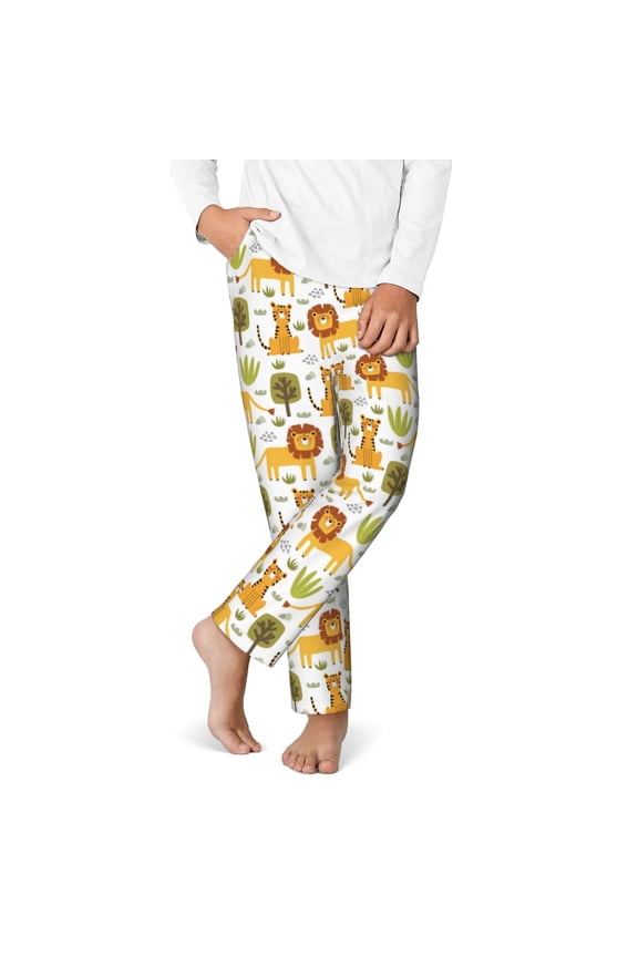Tiger Lion Print Youth Home Trousers, Elastic Waistband with Pockets for Home and Outing, Suitable for Children Aged 5-16-XS(5-6)