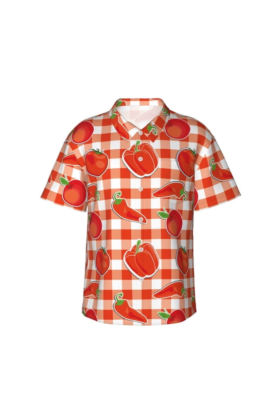 Tomatoes And Chili Print Men's Short-sleeved Shirts, Button-down Lapel Hawaiian Shirts, T-shirts, Beach Vacation Summer Casual Wear,Small