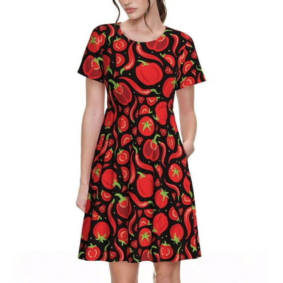 Gukieu Tomatoes And Chili Print Women's Short Sleeve Dress, Elastic Waistband A-line with Pockets Summer Dress, Suitable for Daily Leisure, Work, Vacation
