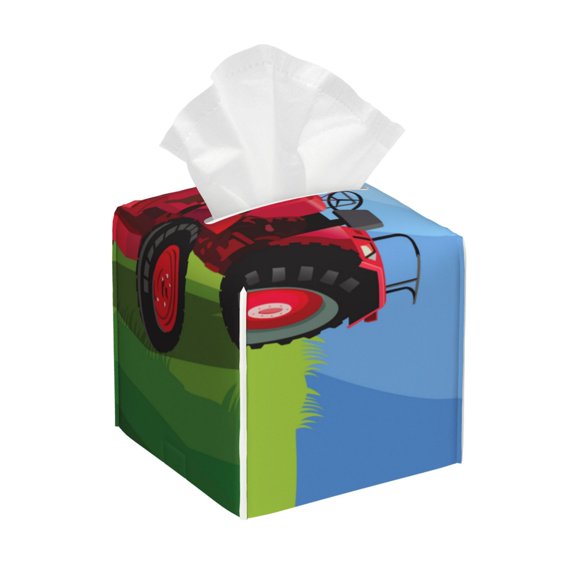 Gukieu Tractor on farming land Print Leather Tissue Box, PVC Waterproof Velcro Opening and Closing Square Tissue Box Holder, Suitable for Home and Office Decoration