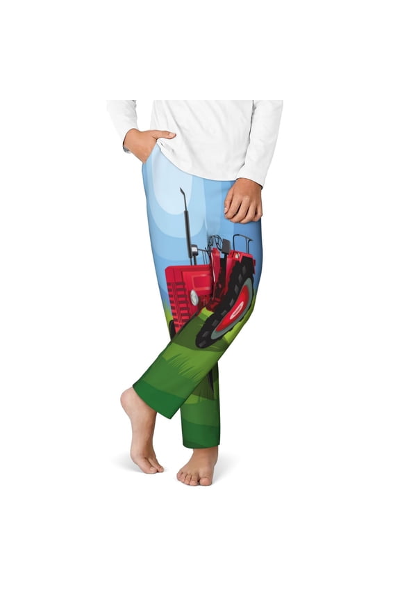 Tractor on farming land Print Youth Home Trousers, Elastic Waistband with Pockets for Home and Outing, Suitable for Children Aged 5-16-Large