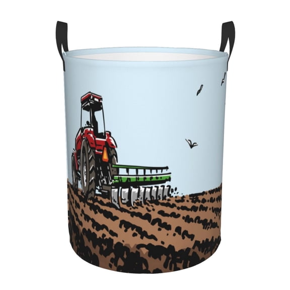 Gukieu Tractor plowing a field Print Round Dirty Clothes Bag, Waterproof Standing Home Bathroom Storage Basket Car Trunk Storage Bag-Medium